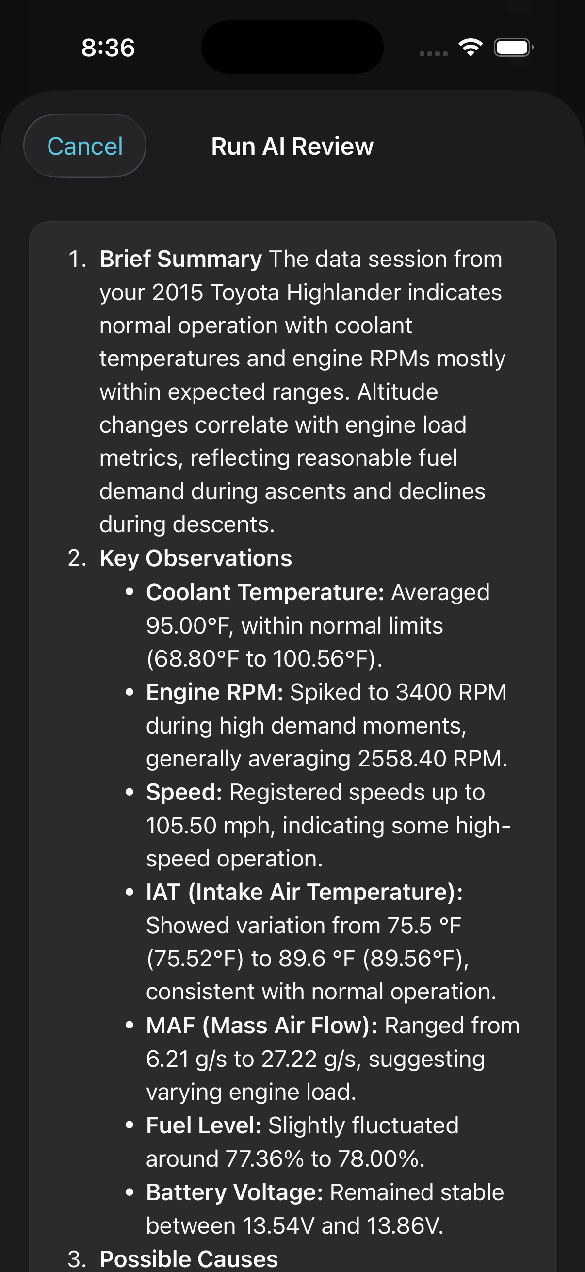 AI review screen in OBD Diagnostics.