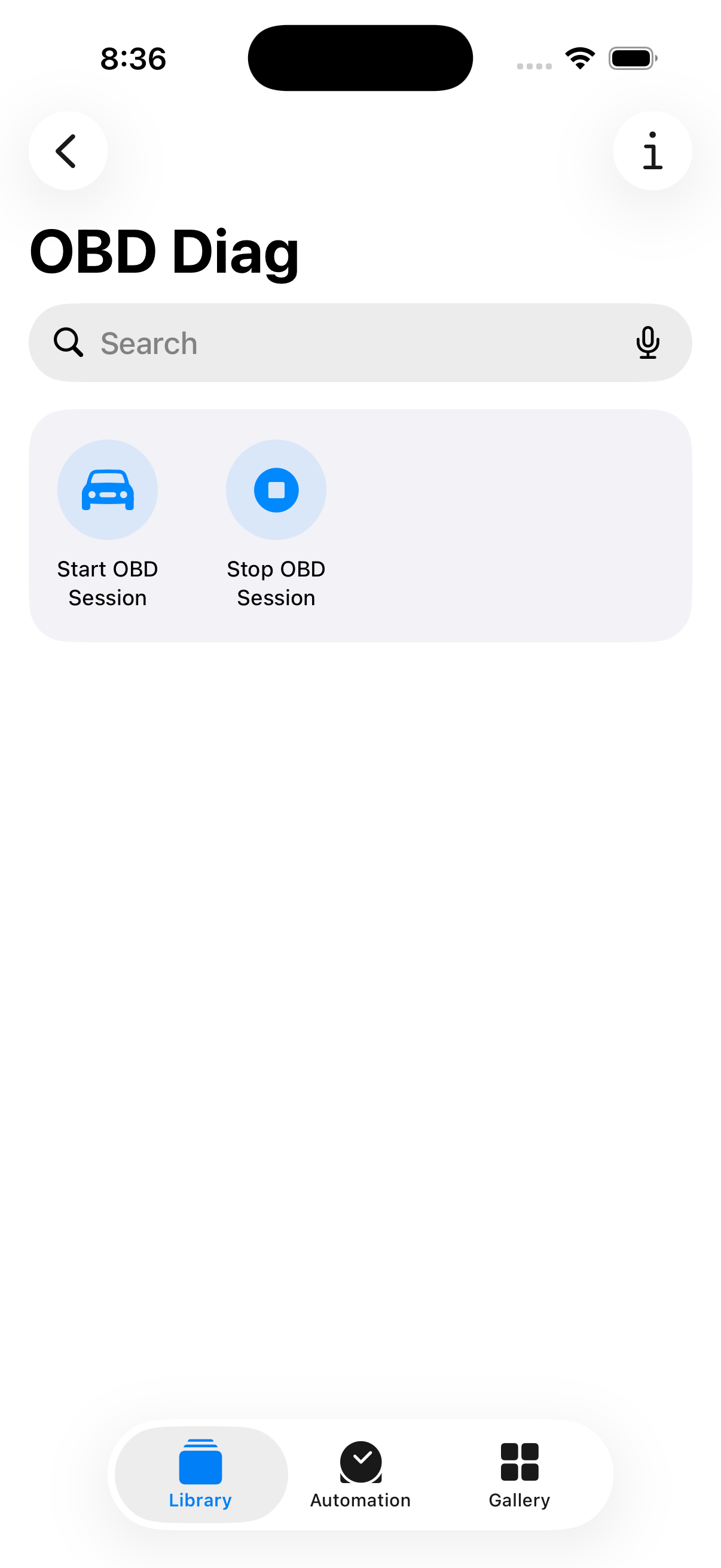 OBD Diagnostics shortcuts screen.