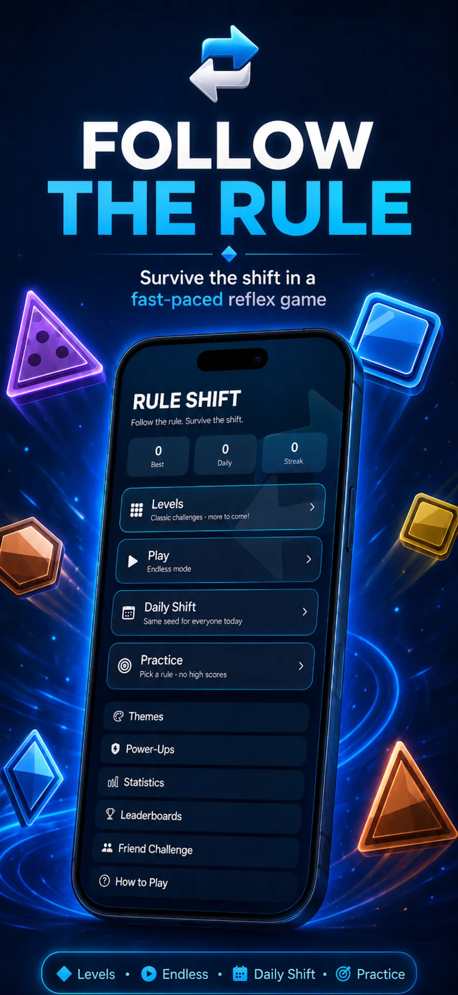 Rule Shift on iPhone, showing its levels, modes, themes, and power-ups